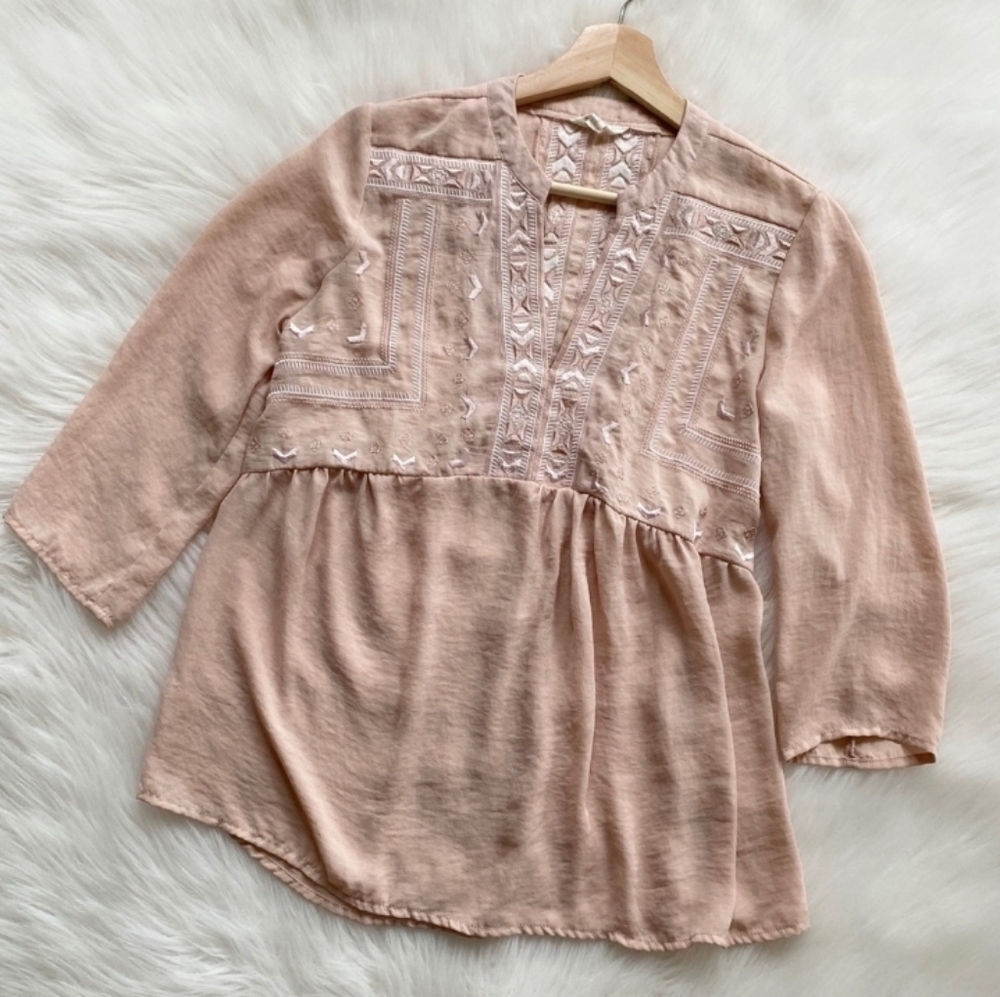 ADIVA Blush Pink Peasant Tunic Blouse with Cream Tribal-Style Embroidery Large